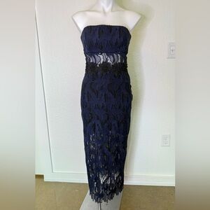 ABS Allen Schwartz Navy Strapless Lace Midi Dress